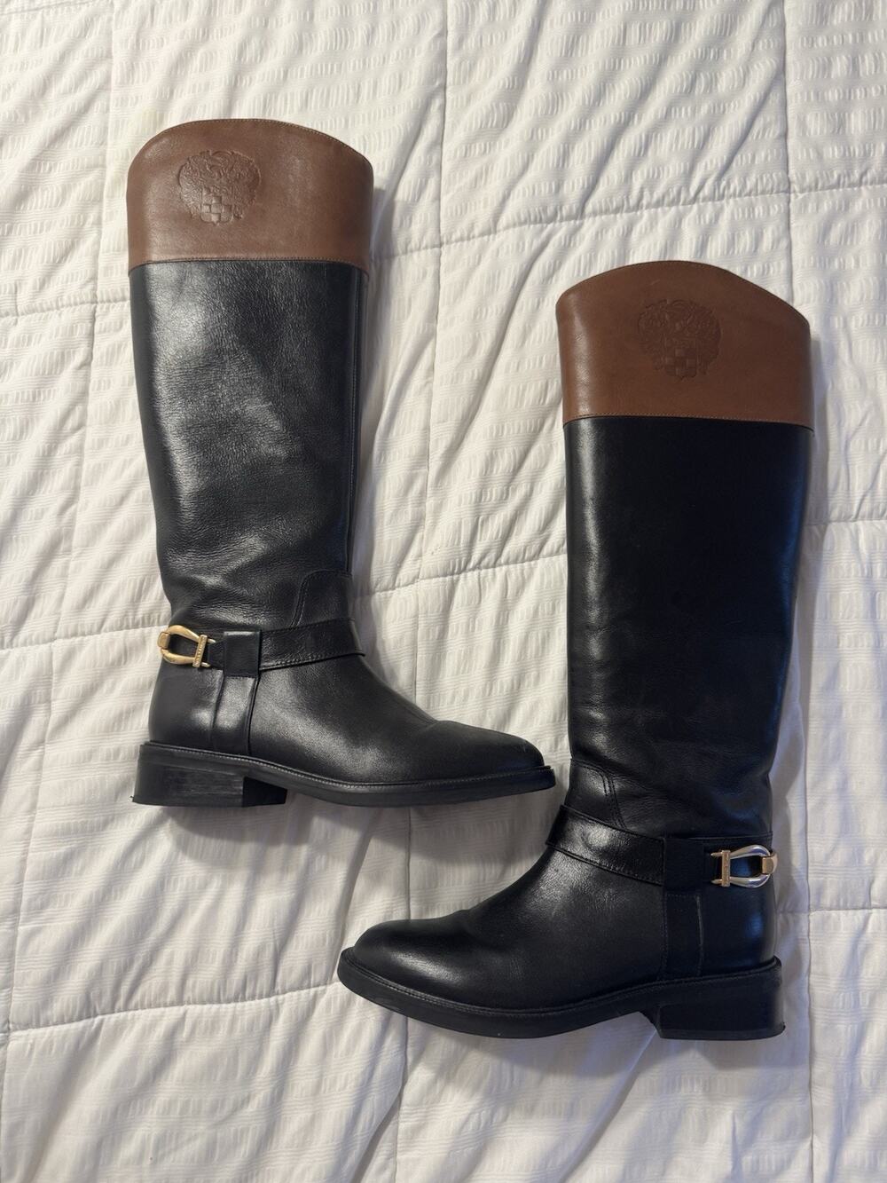 Vince Camuto Amanyir Riding Boots Brown Leather Black Crest Preppy Equestrian